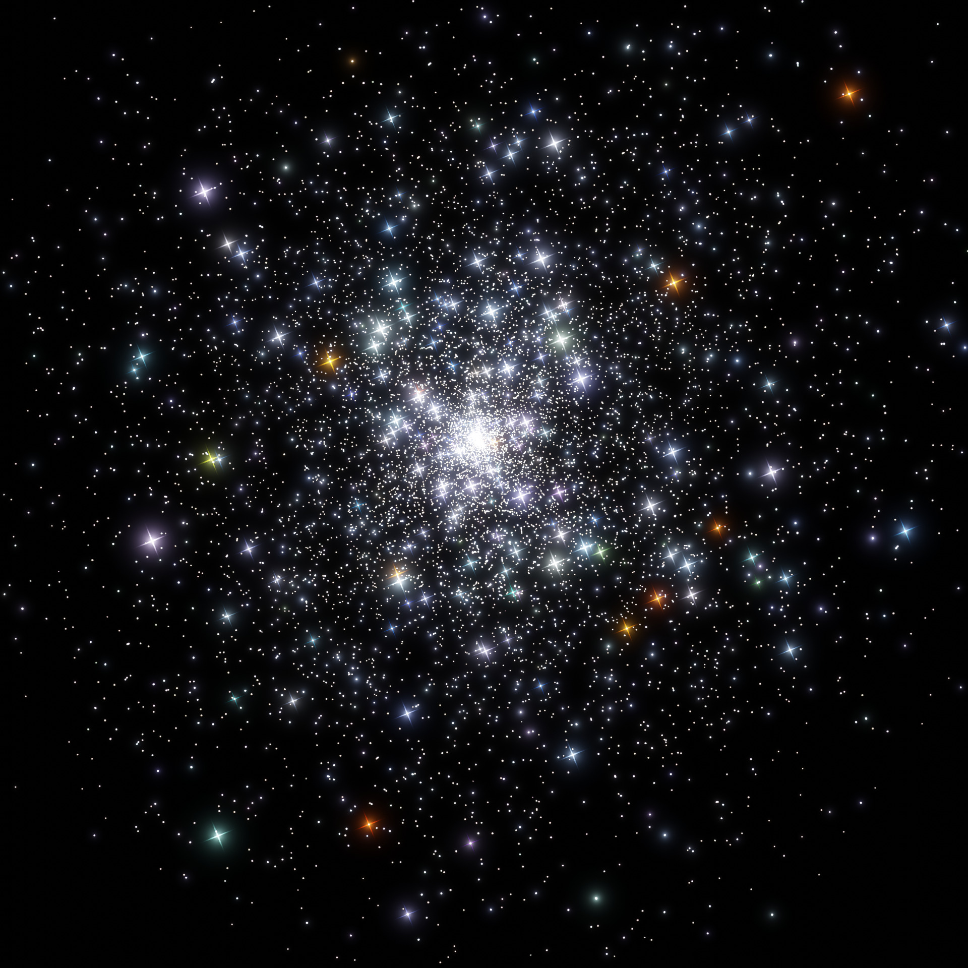Colorful cluster of stars more crowded in the center